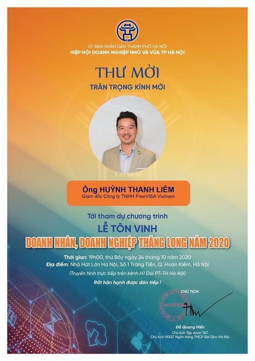 Thư mời Doanh nhân, Doanh nghiệp Thăng Long 2020 - Ông Huỳnh Thanh Liêm (Giám đốc FREEVISA VIETNAM)