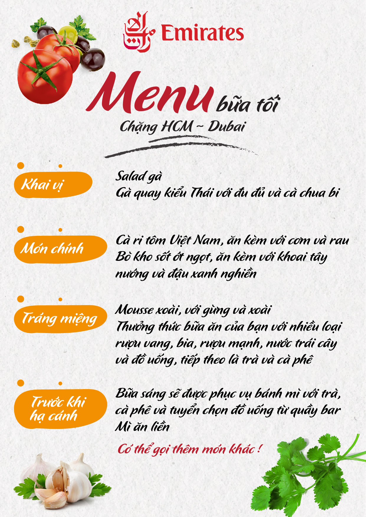 Thực đơn buổi tối HCM - Dubai