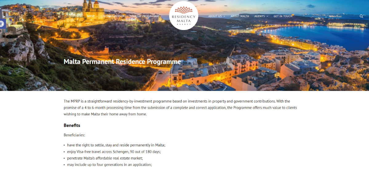 Website chính thức của chương trình định cư Malta tại https://residencymalta.gov.mt/the-mprp-programme/