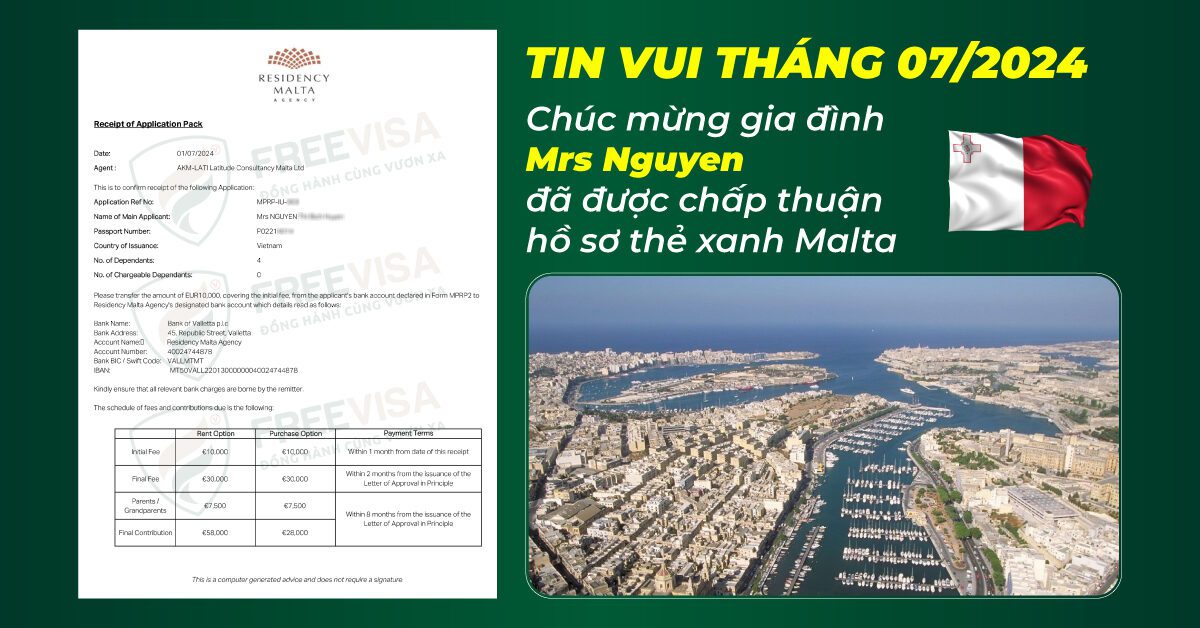 Chúc mừng Mrs Nguyen được Cục di trú Malta chấp thuận hồ sơ