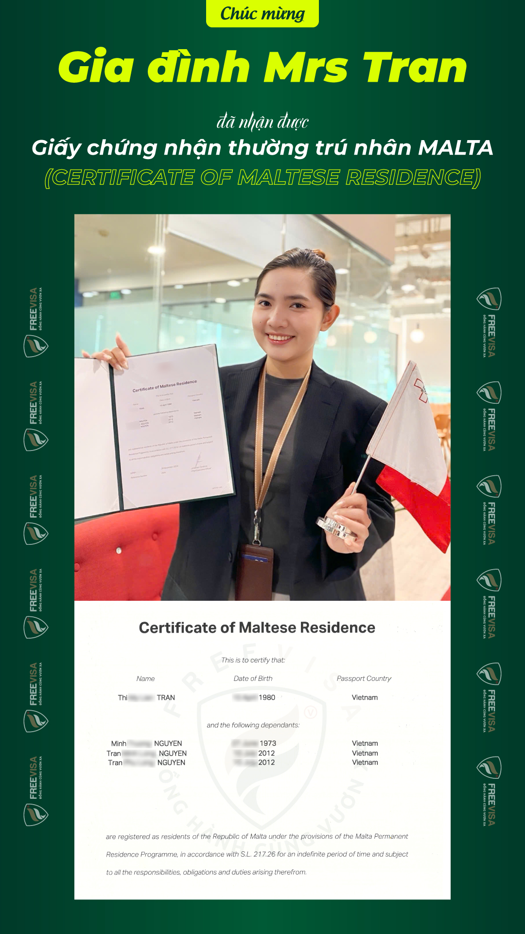 Giấy chứng nhận thường trú nhân Malta của gia đình Mrs Tran